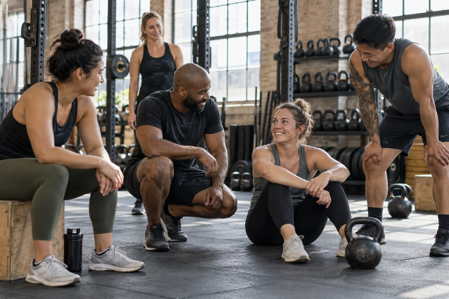 Members sharing a relaxed supportive moment between training sets