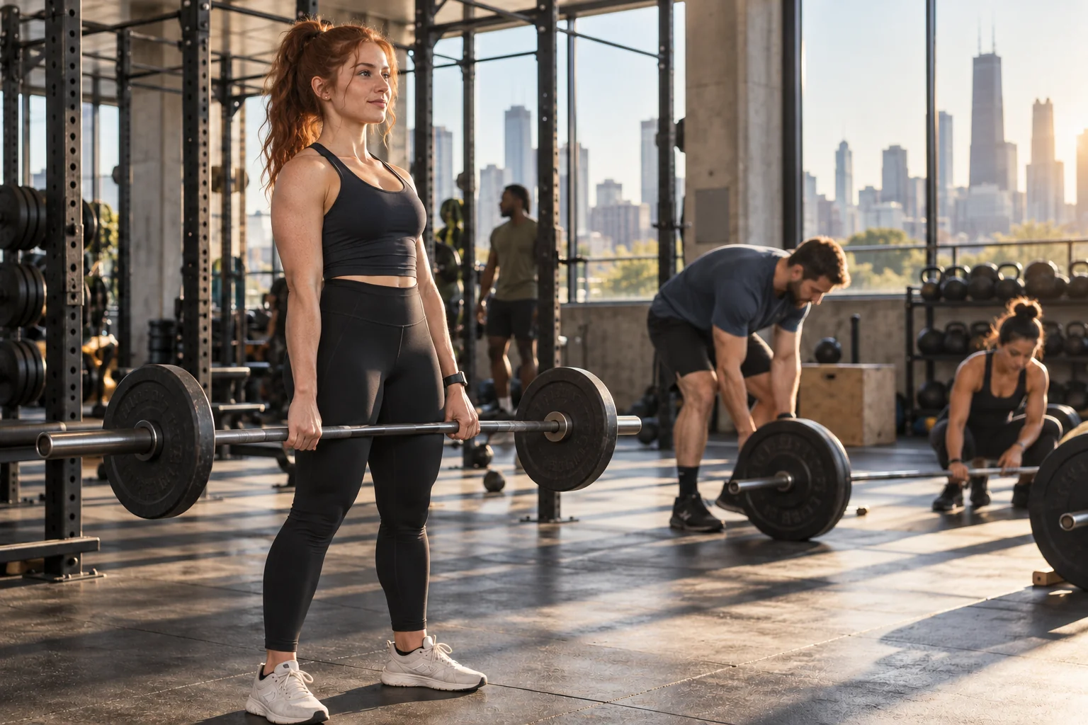 A slender red-haired member finishing a controlled deadlift with a moderate barbell