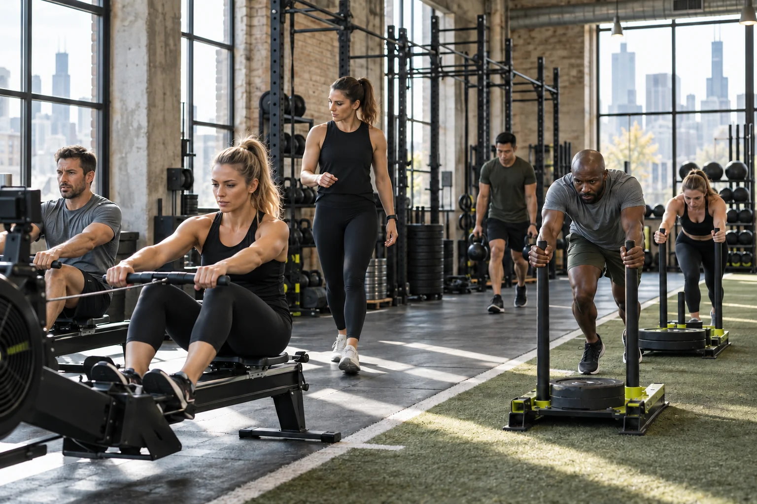 A small group moving through rowing, kettlebell, and sled conditioning intervals